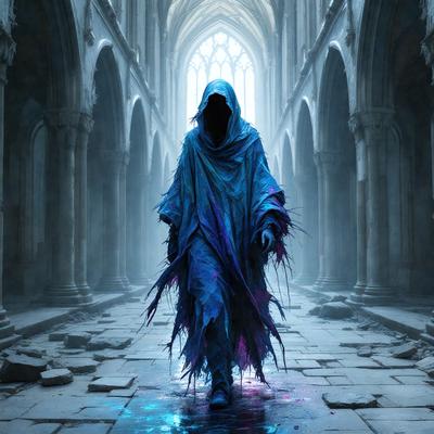 The primary subject of the image is a person dressed in a long, flowing blue robe, walking down a hallway in a large, dark building. The setting appears to be a church, as indicated by the presence of a stained glass window. The visual style of the image is digital art, with the person's robe and the surrounding environment depicted in a detailed and realistic manner. The colors and mood of the image are dark and moody, with the blue robe contrasting against the dark background and the